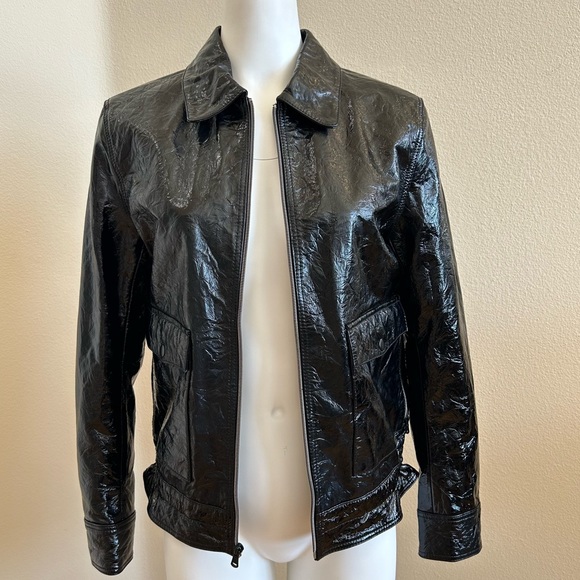 7 for all Mankind Black Crinkle Leather Jacket XS 7FAM Removable Fur Collar - Picture 4 of 11